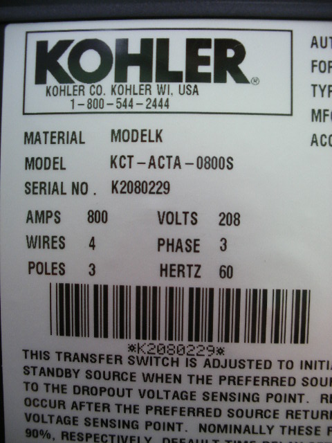 Low Hour Kohler KCT-ACTA-0800S 800 Amp  Transfer Switch Item-13751 4